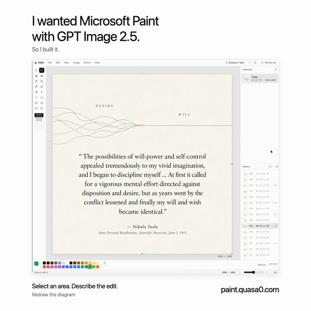Paint demo: a drawing is selected and repainted with GPT Image 2.5.
